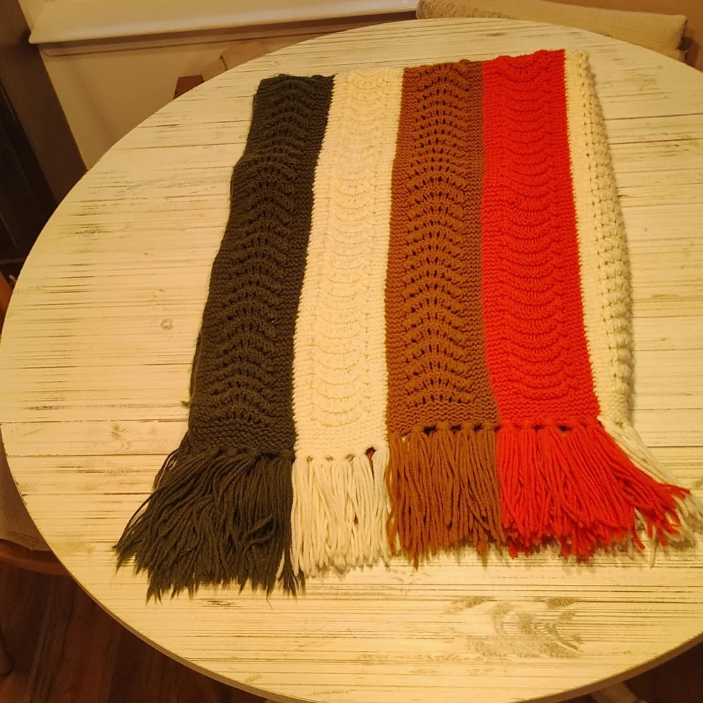 Afghan Crochet Green, Cream, Brown, Orange With Fringe. 60